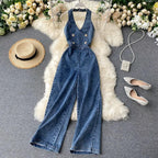Halterneck Sleeveless Backless High Waist Jumpsuit - Piña Colada
