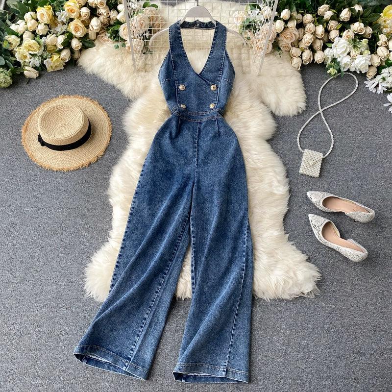 Halterneck Sleeveless Backless High Waist Jumpsuit - Piña Colada