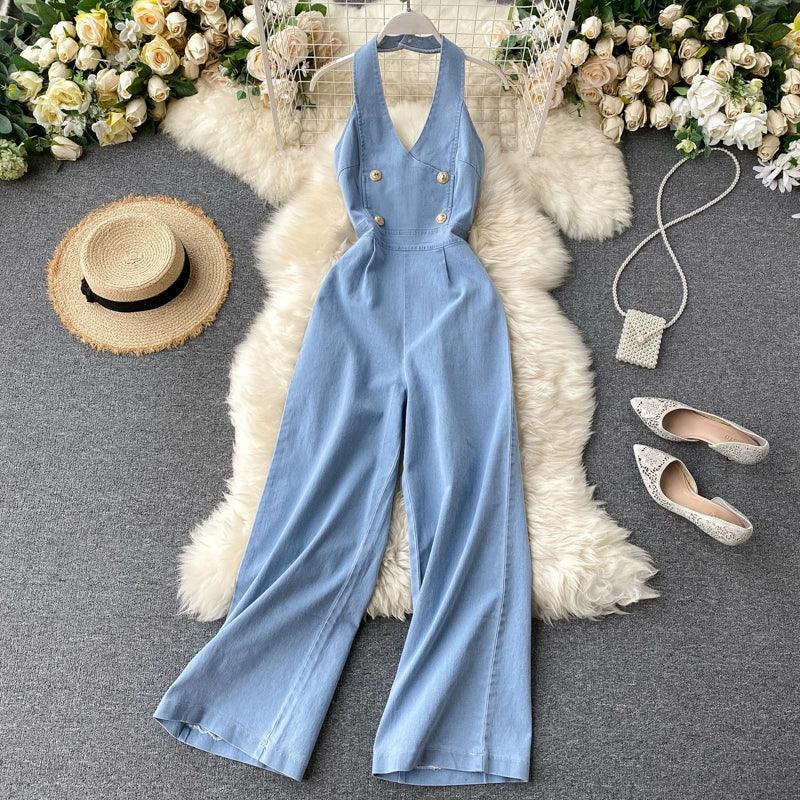 Halterneck Sleeveless Backless High Waist Jumpsuit - Piña Colada