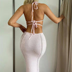 Backless Hollow-Out Knit Cover-Up Dress – Beach Vacation Style - Piña Colada