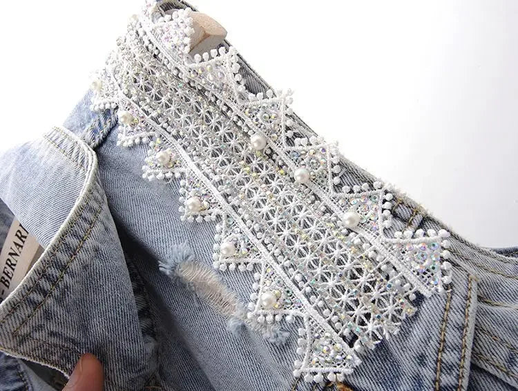 Beaded Lace Denim Vest - Piña Colada