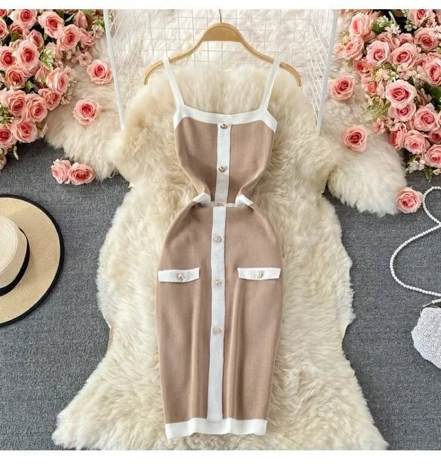 Patchwork Knit Mini Dress – Spaghetti Strap Streetwear - Piña Colada
