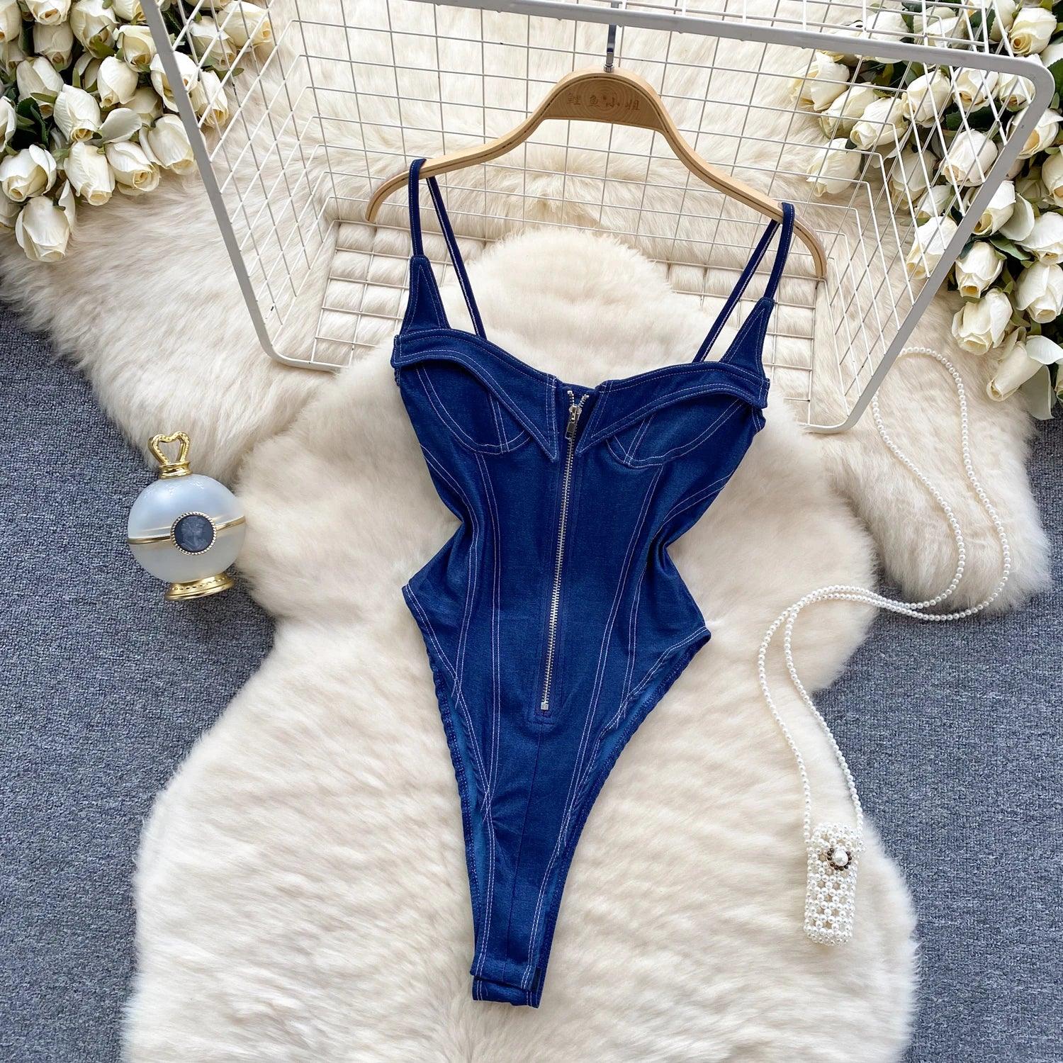 Vintage Zipper Detail High Waist Skinny Romper - Piña Colada
