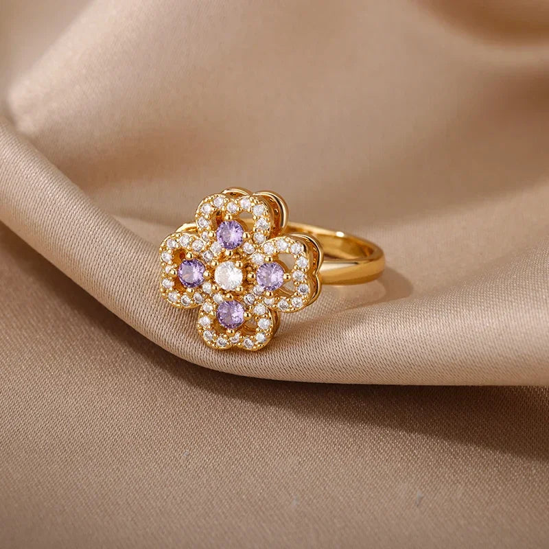 Spinner Zircon Heart Four Leaf Clover Rings - Piña Colada