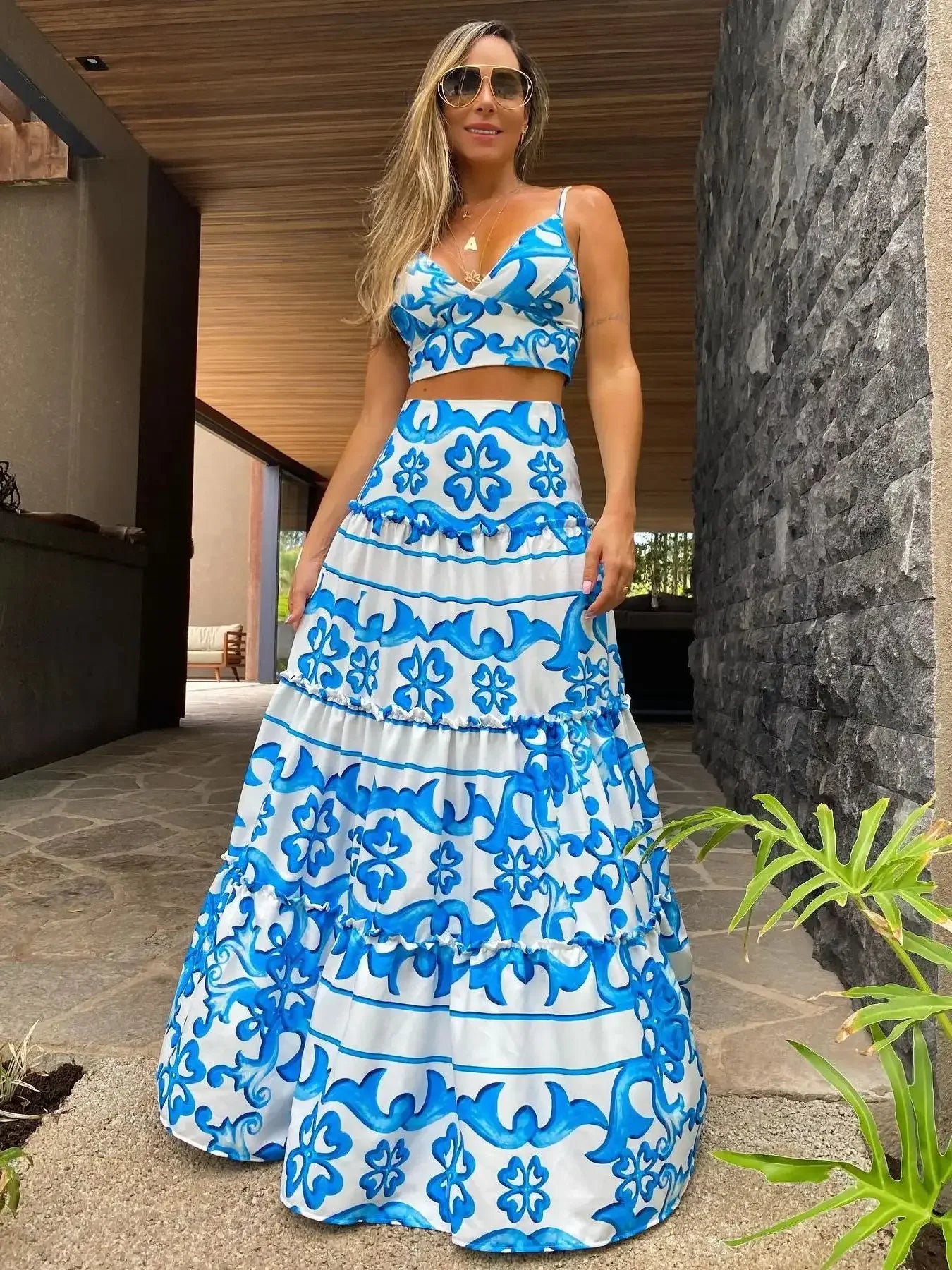 Draped Print V-Neck Maxi Dress – Beachwear Edition - Piña Colada