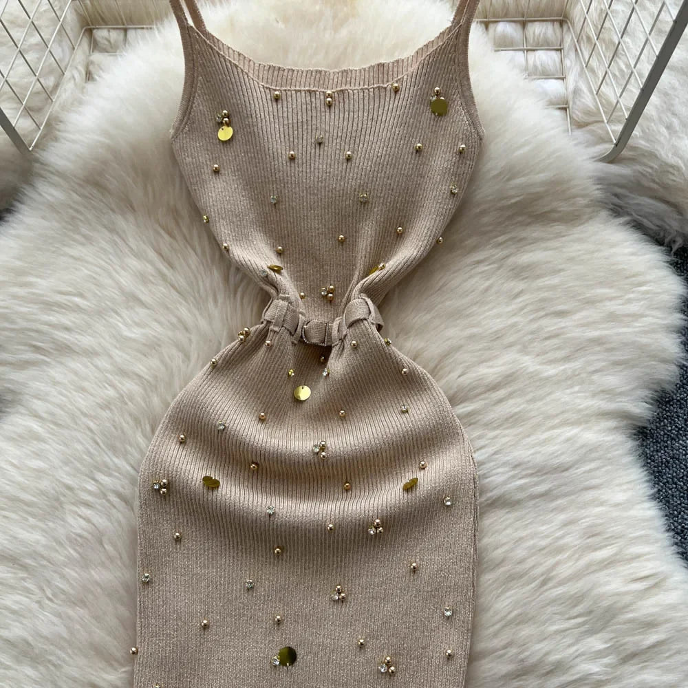 Sexy Knitting Split Long Dress Sleeveless - Piña Colada