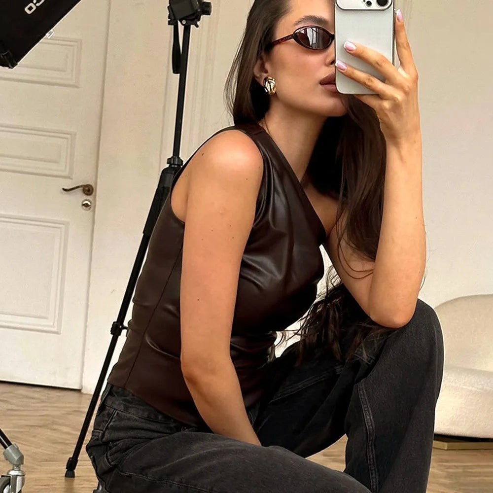 Asymmetrical Skew Neck Sleeveless Top