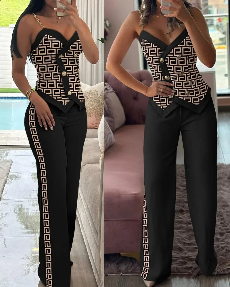 Geometric Print Sleeveless V-Neck Top & Pants Set - Piña Colada