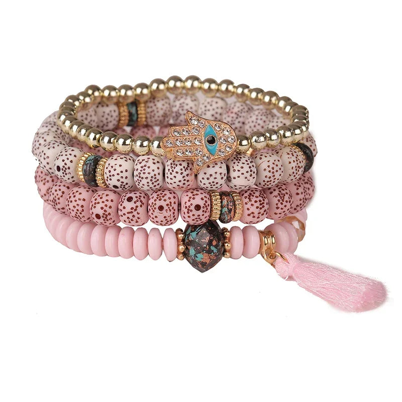 Bohemian Evil Eye Tassel Bracelet Set - Piña Colada