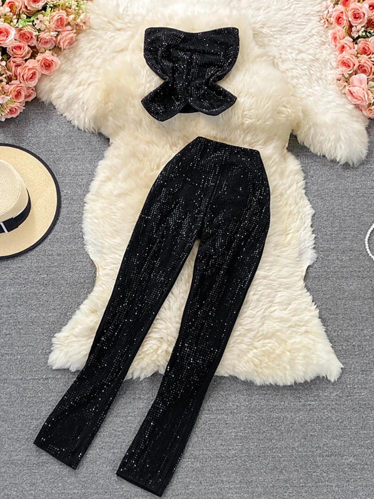 Rhinestone Slash Neck Crop Top & High Waist Pants Set - Piña Colada