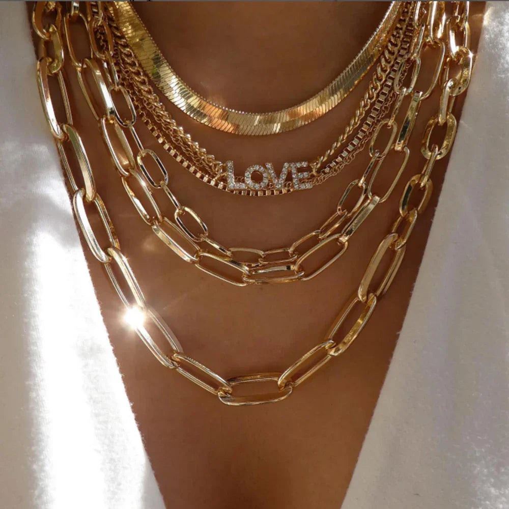 Boho Multi-Layer Gold Crystal Pendant Necklace Set - Piña Colada