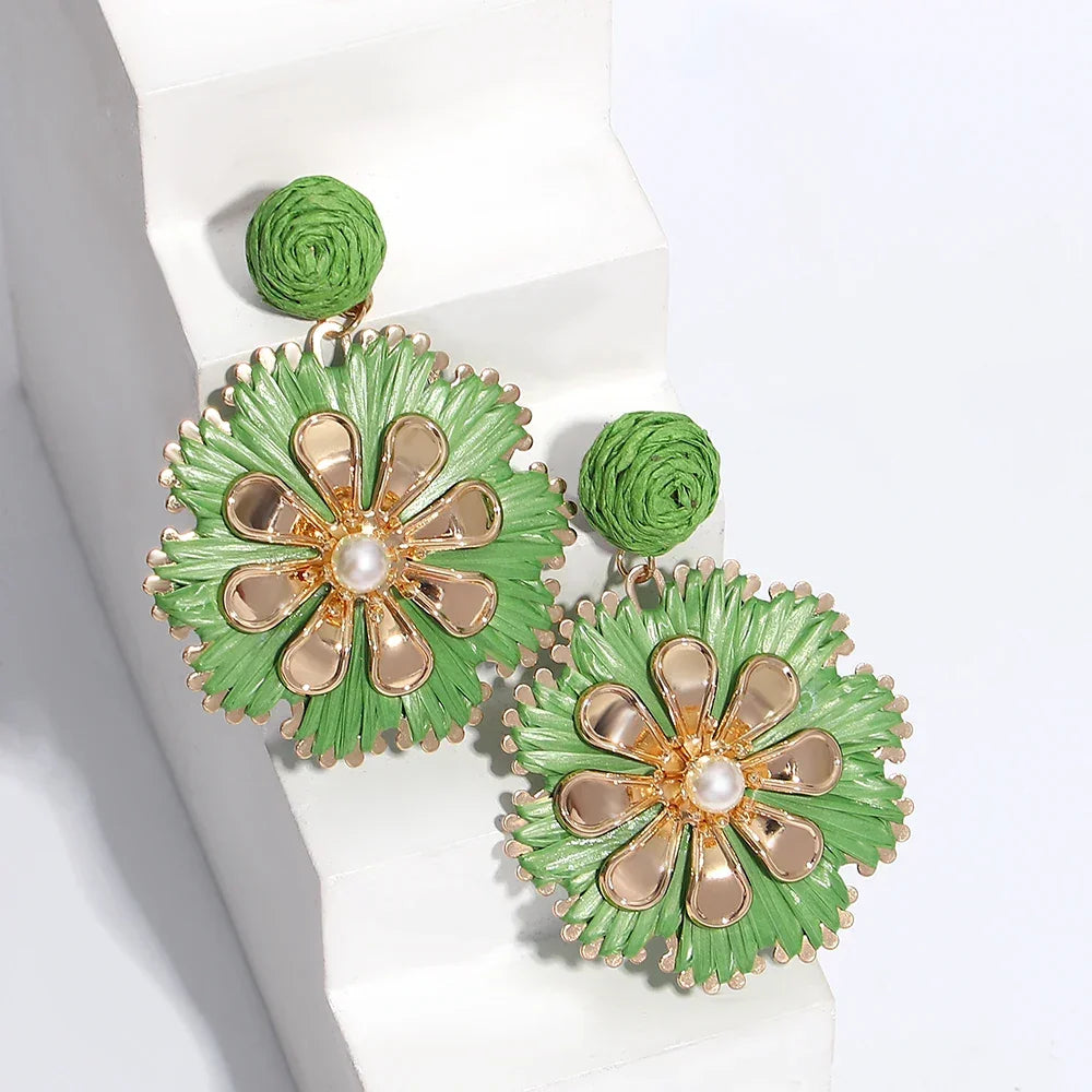 Rattan Plaited Flower Design Pearl Earrings - Piña Colada