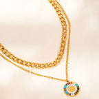 Double Layer Heart & Turquoise Evil Eye Necklace - Piña Colada