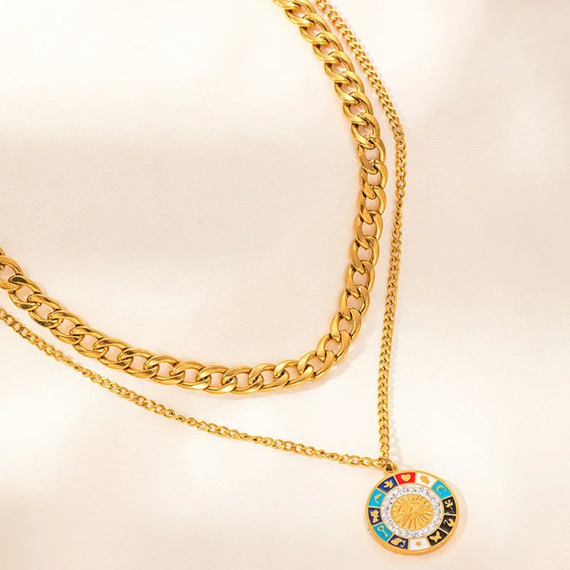 Double Layer Heart & Turquoise Evil Eye Necklace - Piña Colada