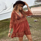 Bikini Cover-up Deep V-neck Short Sleeve Dress - Piña Colada