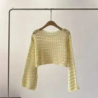 Boho Crochet Hollow-Out Knit Top – Y2K Style Long Sleeve Pullover - Piña Colada