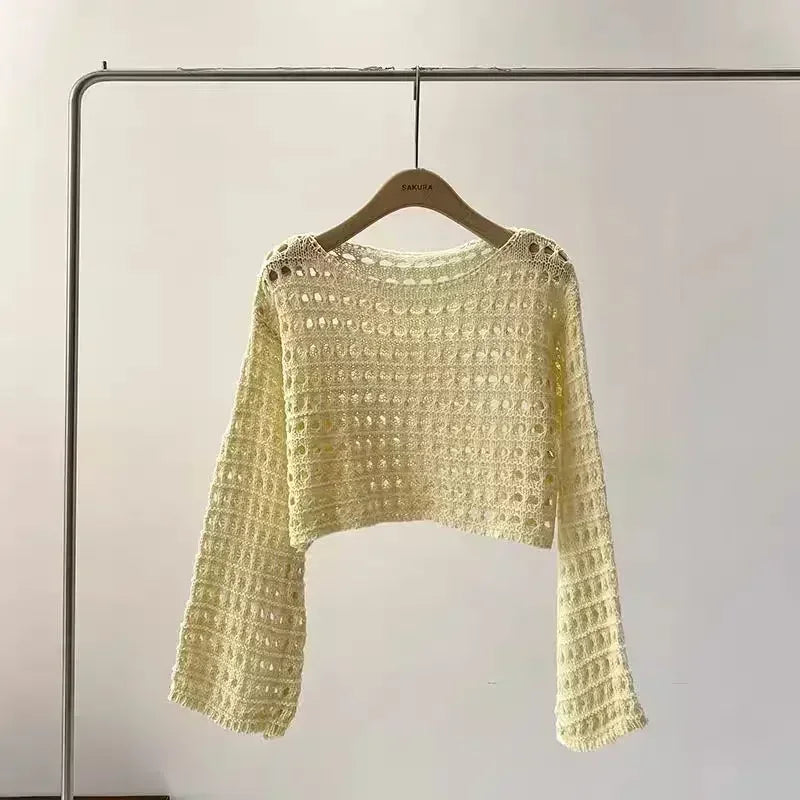 Boho Crochet Hollow-Out Knit Top – Y2K Style Long Sleeve Pullover - Piña Colada