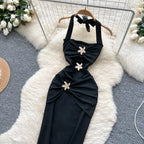 Halter Party Dress Sleeveless Metal 3D Flower - Piña Colada