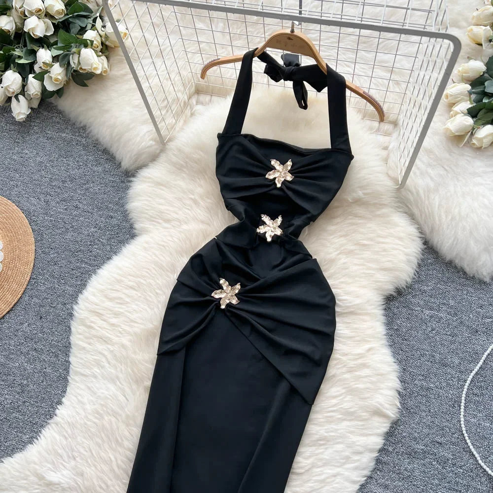 Halter Party Dress Sleeveless Metal 3D Flower - Piña Colada