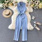 Blue Lace-Up Utility Jumpsuit – High Waist Casual - Piña Colada