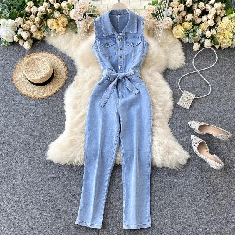 Blue Lace-Up Utility Jumpsuit – High Waist Casual - Piña Colada