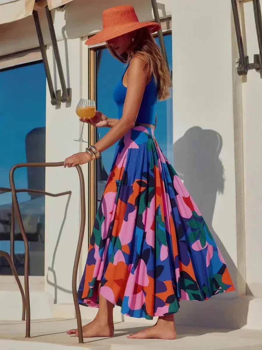 Long Printed Halter Neck Midi Skirt - Piña Colada