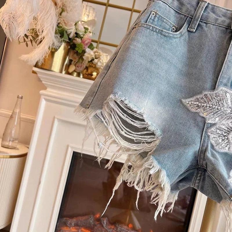 Ripped Denim Shorts - Piña Colada