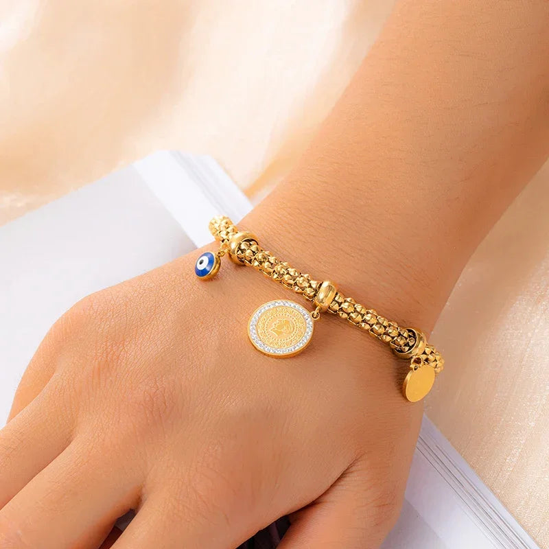 Thick Stainless Steel Star Flower Pendant Bracelet - Piña Colada