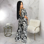 Women Leaf Printed Vintage Short Sleeve Wide Leg Jumpsuits - Piña Colada