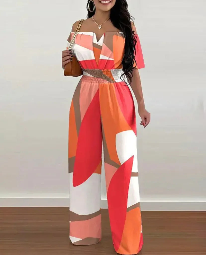 Print Wide Leg Jumpsuits Off-shoulder - Piña Colada
