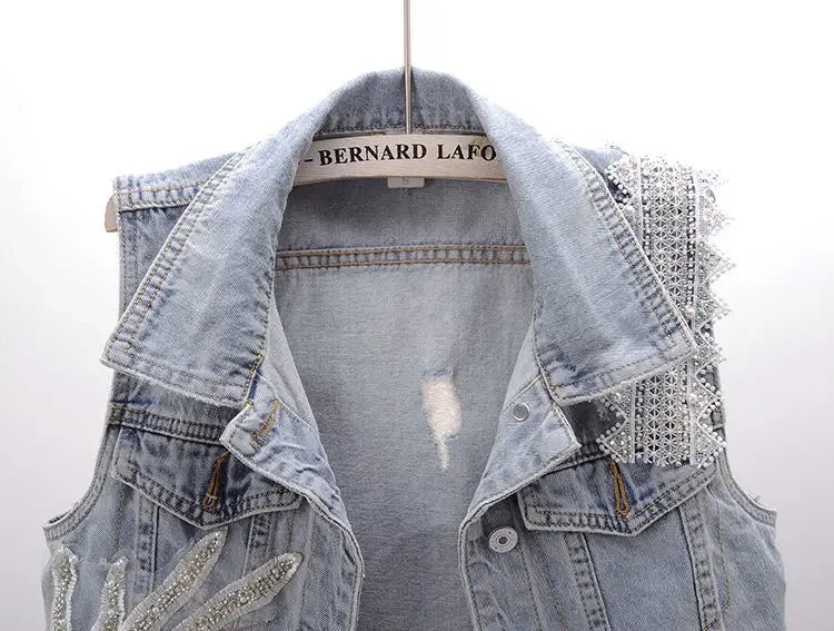 Beaded Lace Denim Vest - Piña Colada