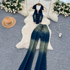 Vintage Denim Halter Top & Flare Pants Set – Retro Summer Outfit - Piña Colada