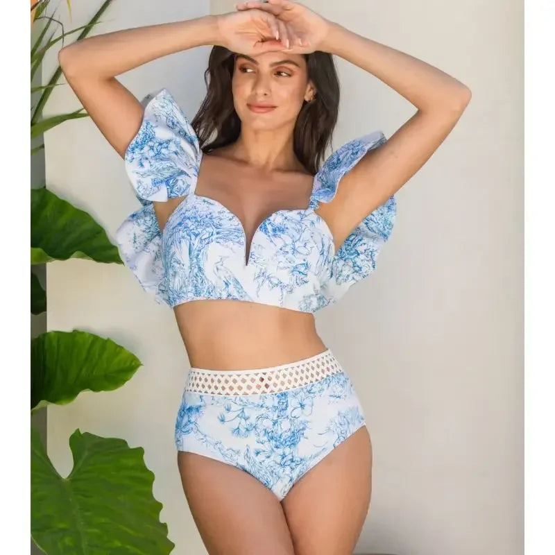 Printed Mesh Contrast Bikini Set with Removable Padding - Piña Colada