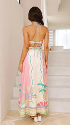 Floral Lace-Up Backless Camisole Dress – Knee-Length Elegance - Piña Colada