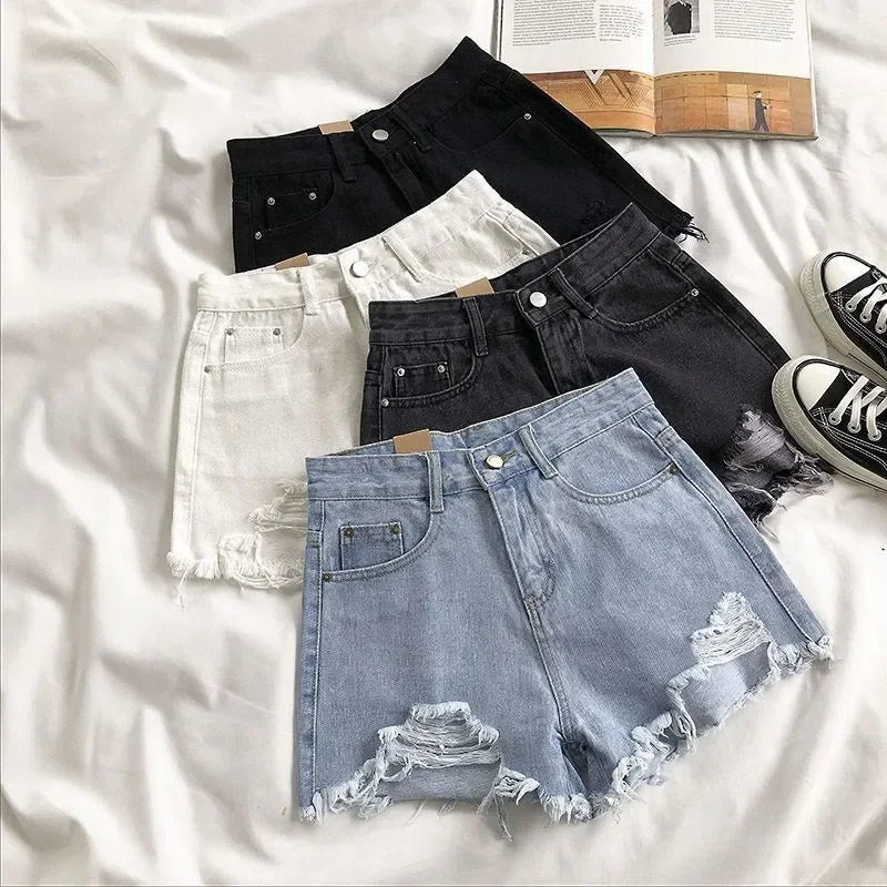 Denim Shorts High Waist Ripped - Piña Colada