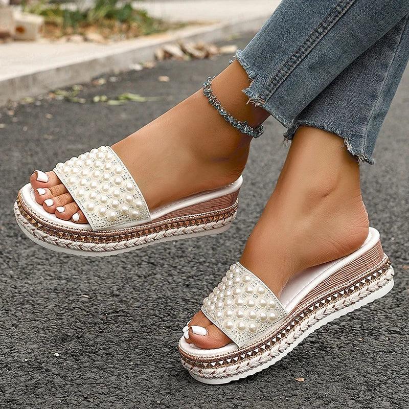 Shiny Crystal Pearl Platform Slippers - Piña Colada