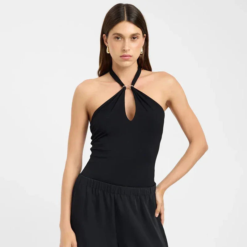 Women'S Solid Color Hanging Neck Tie Hollow Out Metal Ring Strapless - Piña Colada