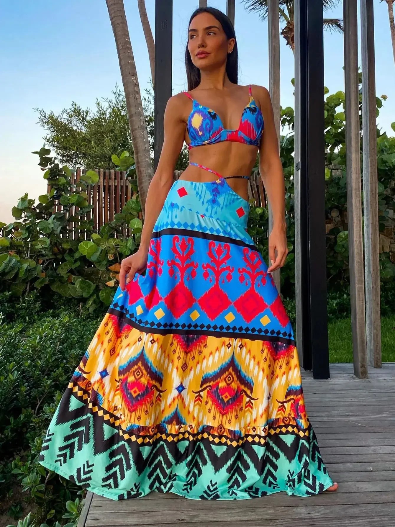 Draped Print V-Neck Maxi Dress – Beachwear Edition - Piña Colada