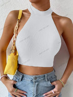 Backless Ribbed Knit Halter Crop Top – Slim Fit Casual Streetwear - Piña Colada