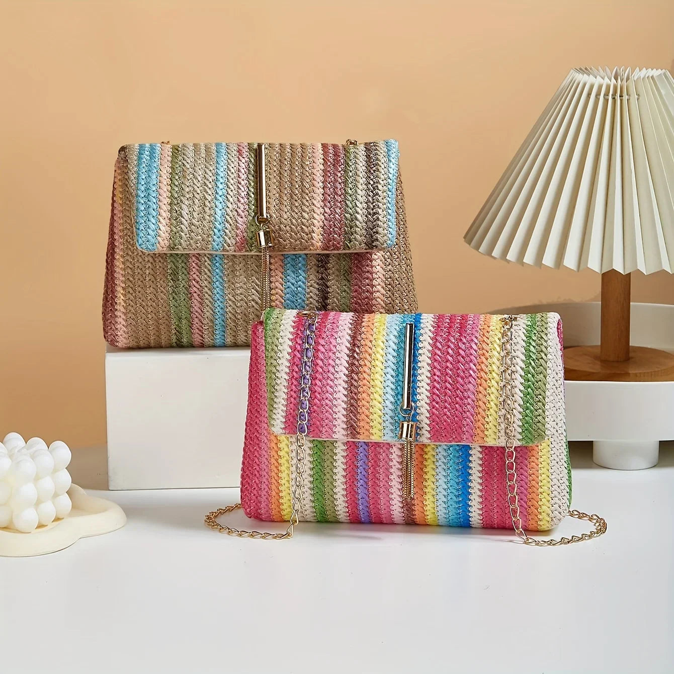 Chic Rainbow Stripe Straw Crossbody - Piña Colada