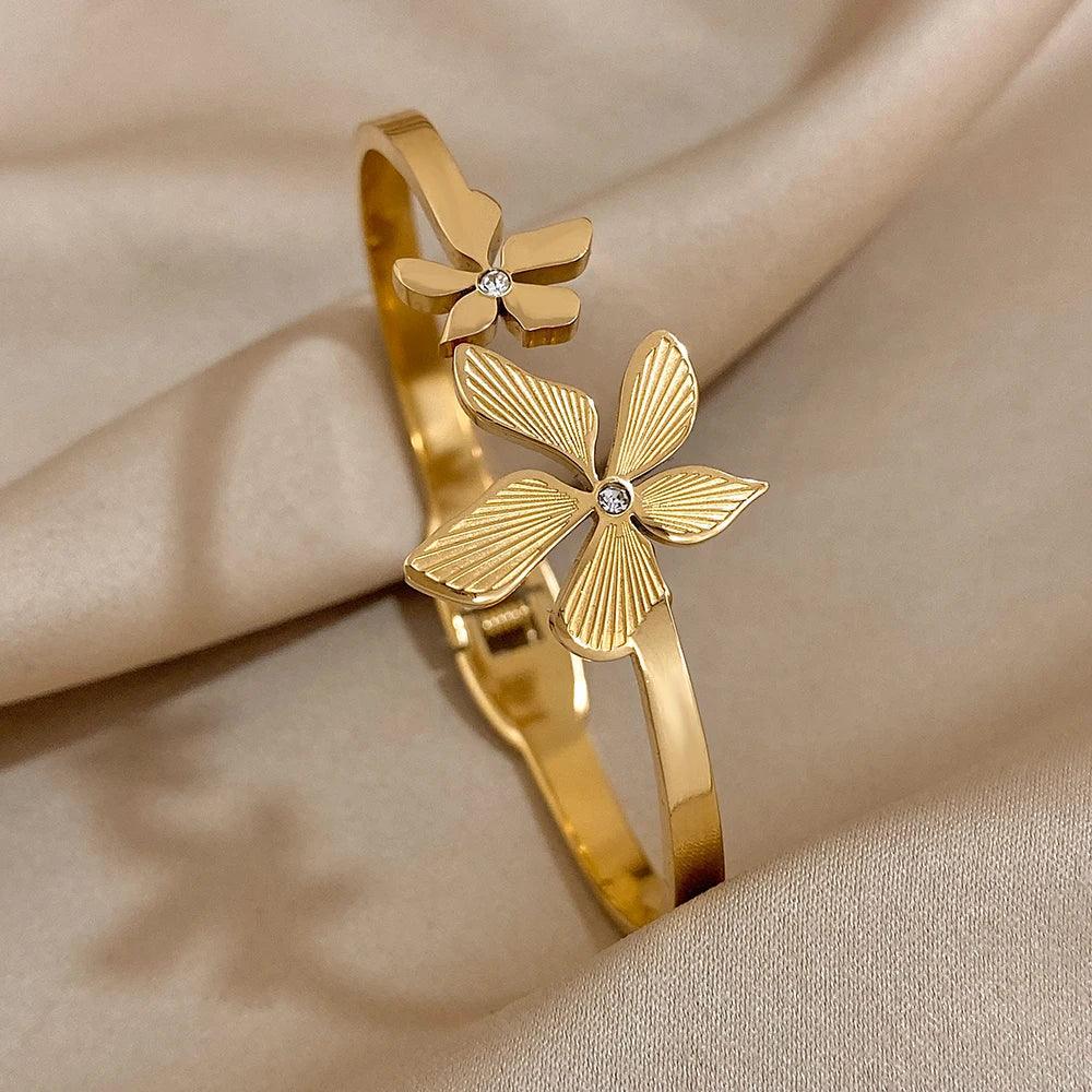 Stainless Steel Double Flower Cuff Bracelet - Piña Colada