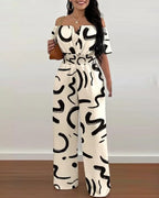 Print Wide Leg Jumpsuits Off-shoulder - Piña Colada