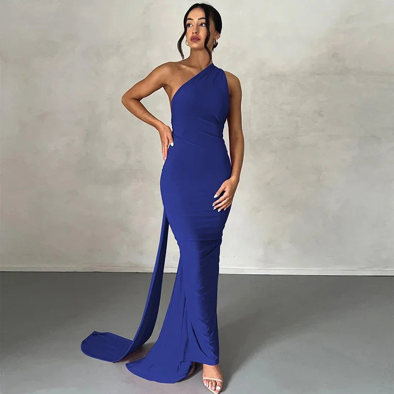 One Shoulder Backless Adjustable Scarf Maxi Dress - Piña Colada