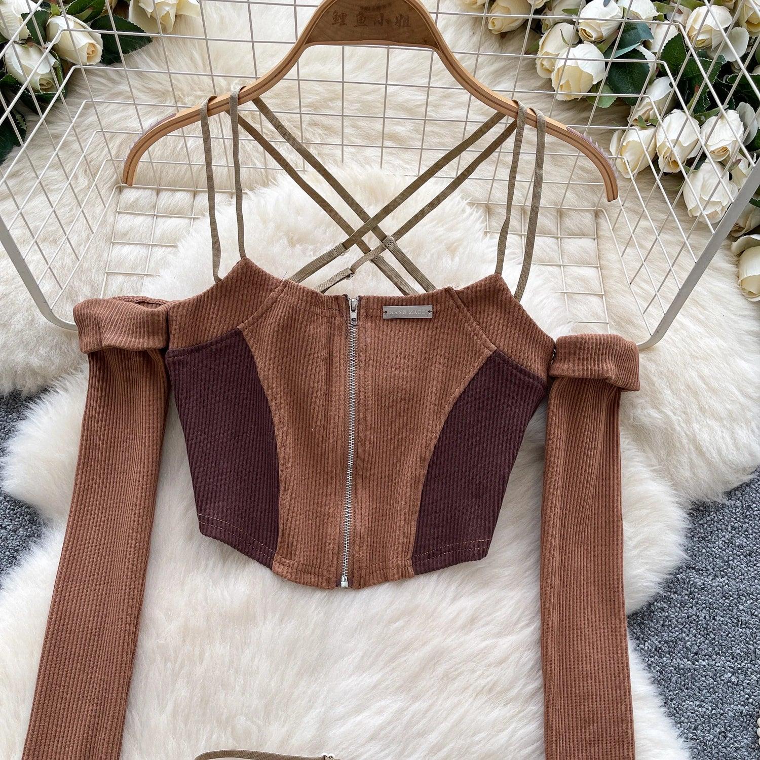 Two Piece Suits Off The Shoulder Zipper Crop Top - Piña Colada