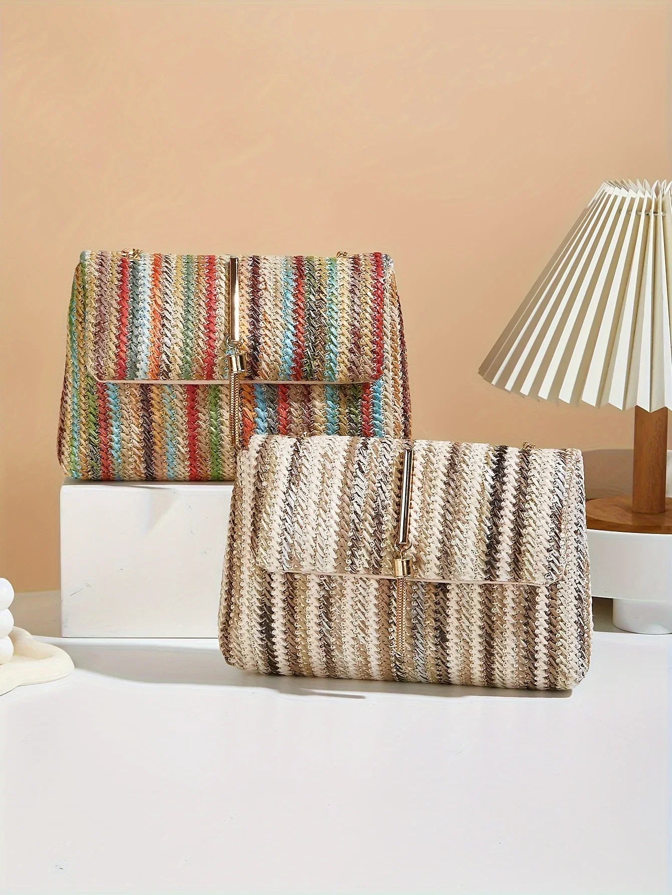 Chic Rainbow Stripe Straw Crossbody - Piña Colada