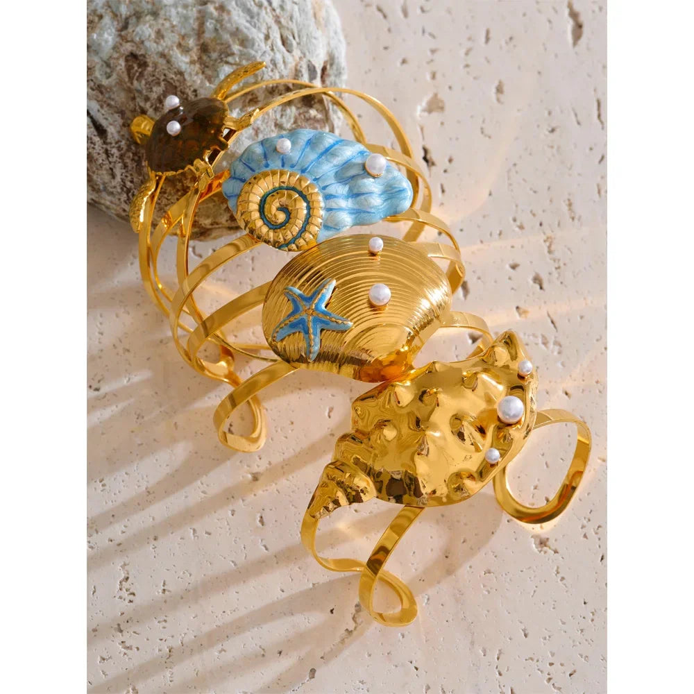 Conch Turtle Shell Wide Cuff Bracelet - Piña Colada
