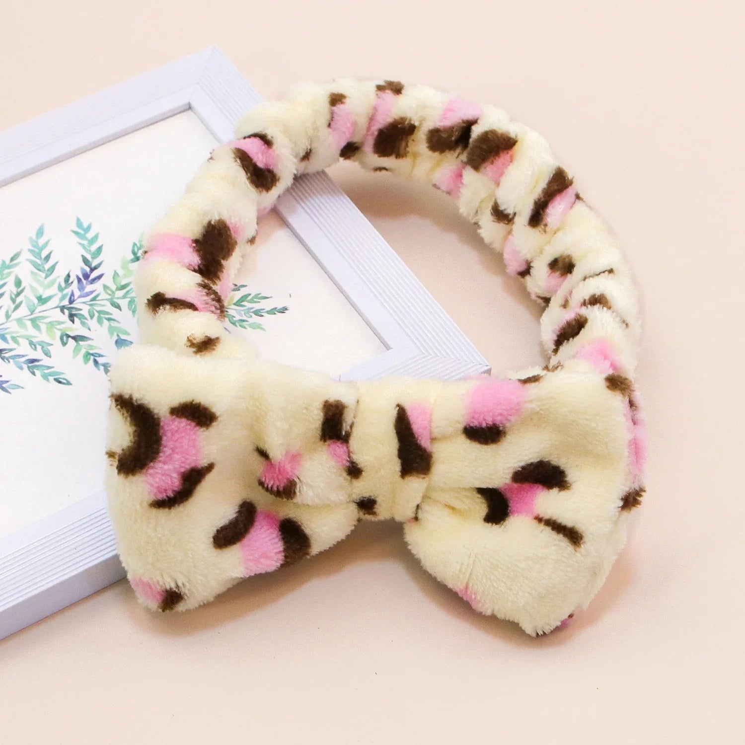 Leopard Bow Coral Fleece Spa Headband - Piña Colada