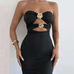 Hollow Out Metal Buckle Slim Evening Dress - Piña Colada