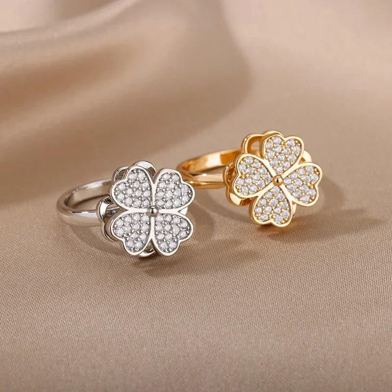 Spinner Zircon Heart Four Leaf Clover Rings - Piña Colada