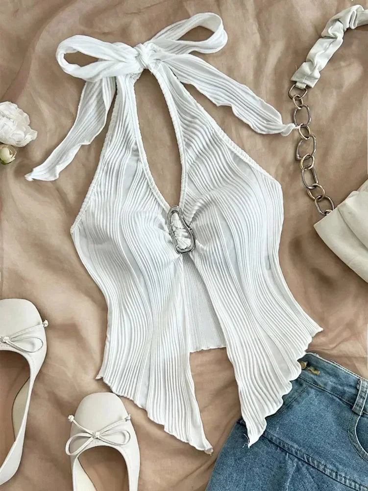 Sexy V-neck Halter Neck Crop Top - Piña Colada